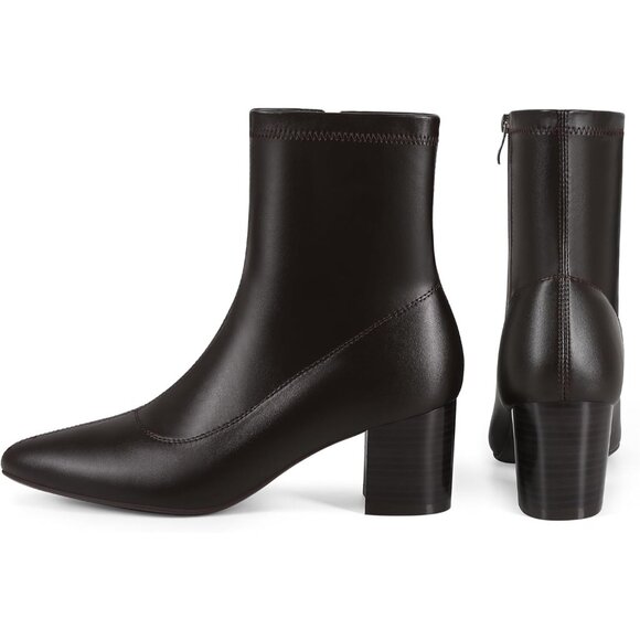 Women's Brown Ankle Boots Pointed Toe Chunky Block Heel Short Comfortable - Picture 5 of 6